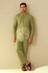 Olive Green Men's Paisley Embroidered Kurta Co-Ord Set