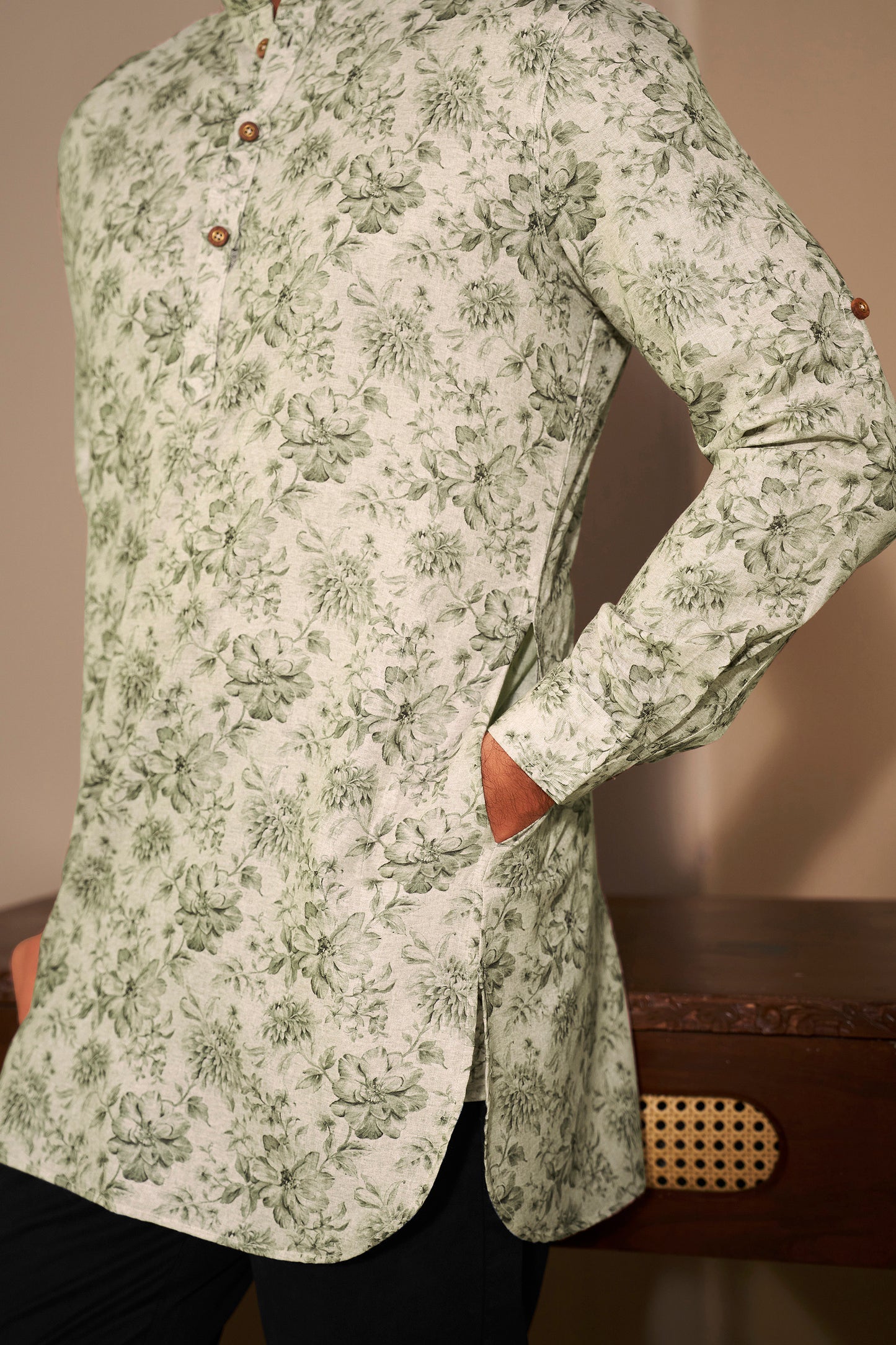 Olive Printed Short Kurta Men Full Length – Ethnoir India
