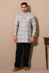 Ash Grey Classic Pattern Short Kurta for Men – Poly Linen Mandarin Collar