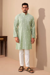 Sea Green Silk Embroidered Kurta for Men – Mandarin Collar Knee-Length