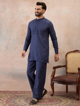 Navy Blue Cotton Linen Kurta Co-Ord Set