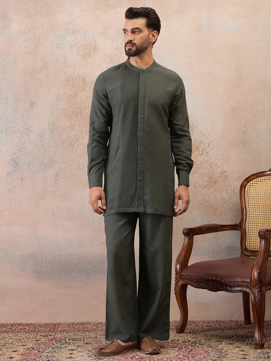 Olive Green Cotton Linen Kurta Co-Ord Set