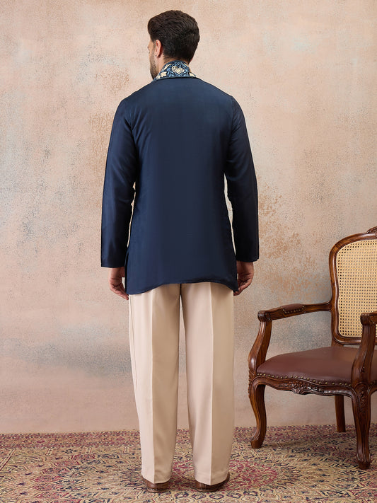 Navy Blue Embroidered Kurta Set with Embroidered Dupatta & Korean Pants
