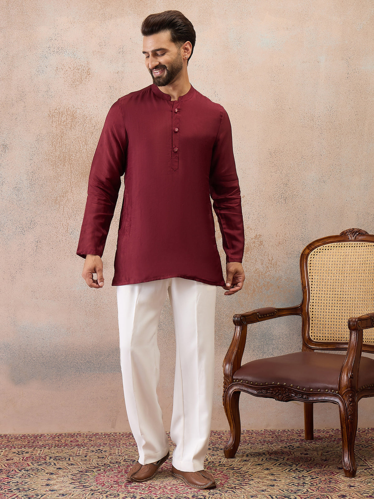 Maroon Embroidered Kurta Set with Embroidered Dupatta & Korean Pants