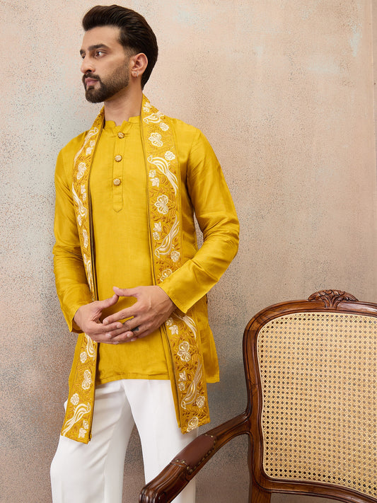 Mustard Yellow Embroidered Kurta Set with Embroidered Dupatta & Korean Pants