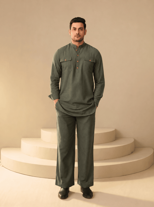 Green Men's Co-Ord Set – Linen Cotton Minimal Modern Fit