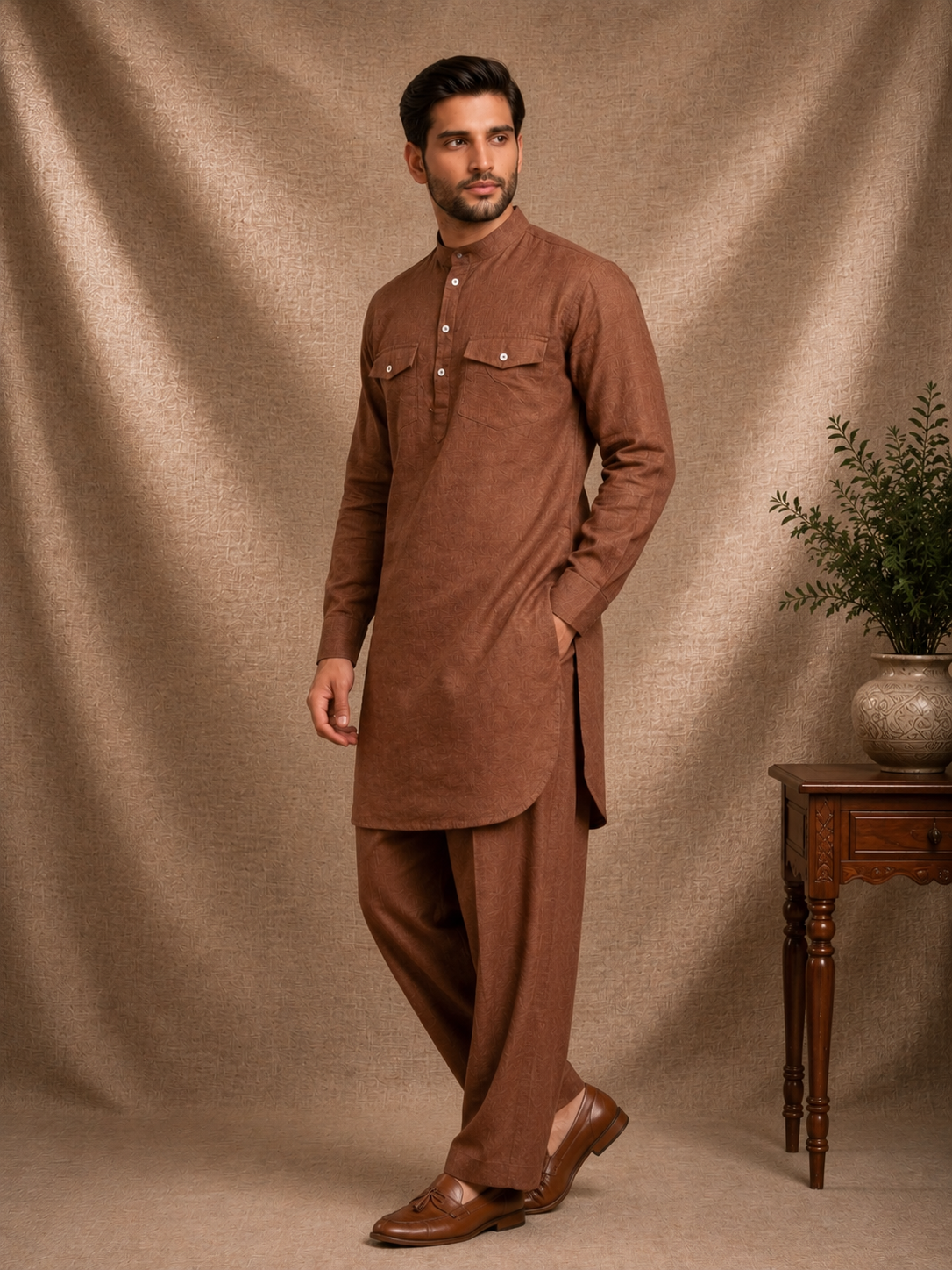 Brown linen pathani kurta set men wedding festive ethnic wear mandarin collar dual chest pockets Ethnoir premium co-ord