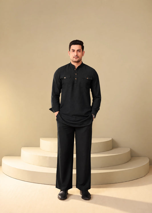 ETHNOIR black kurta co-ord set for men with mandarin collar and relaxed fit