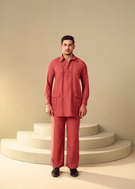ETHNOIR rust kurta co-ord set for men with shirt collar and relaxed fit