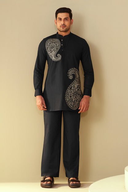 Noir Black Men's Paisley Embroidered Kurta Co-Ord Set