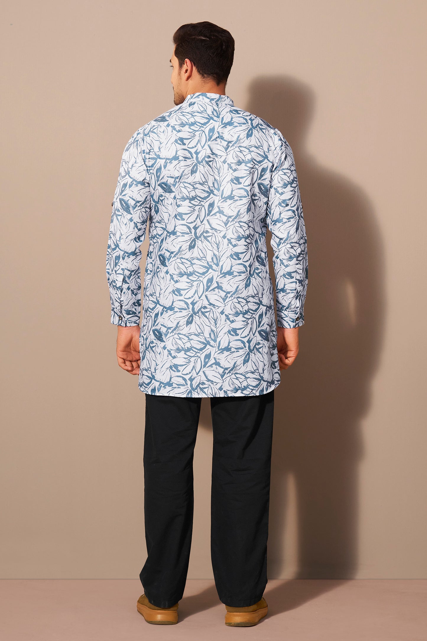 Azure Blue Leaf Print Short Kurta Men Side View – Ethnoir India