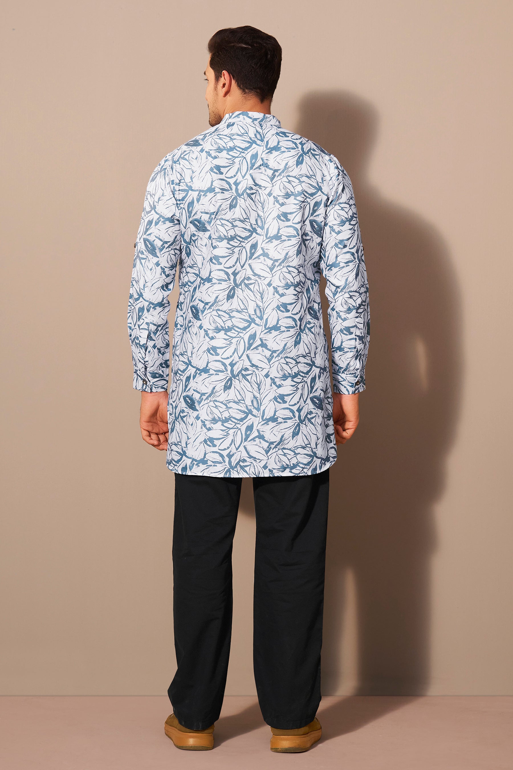 Azure Blue Leaf Print Short Kurta Men Side View – Ethnoir India