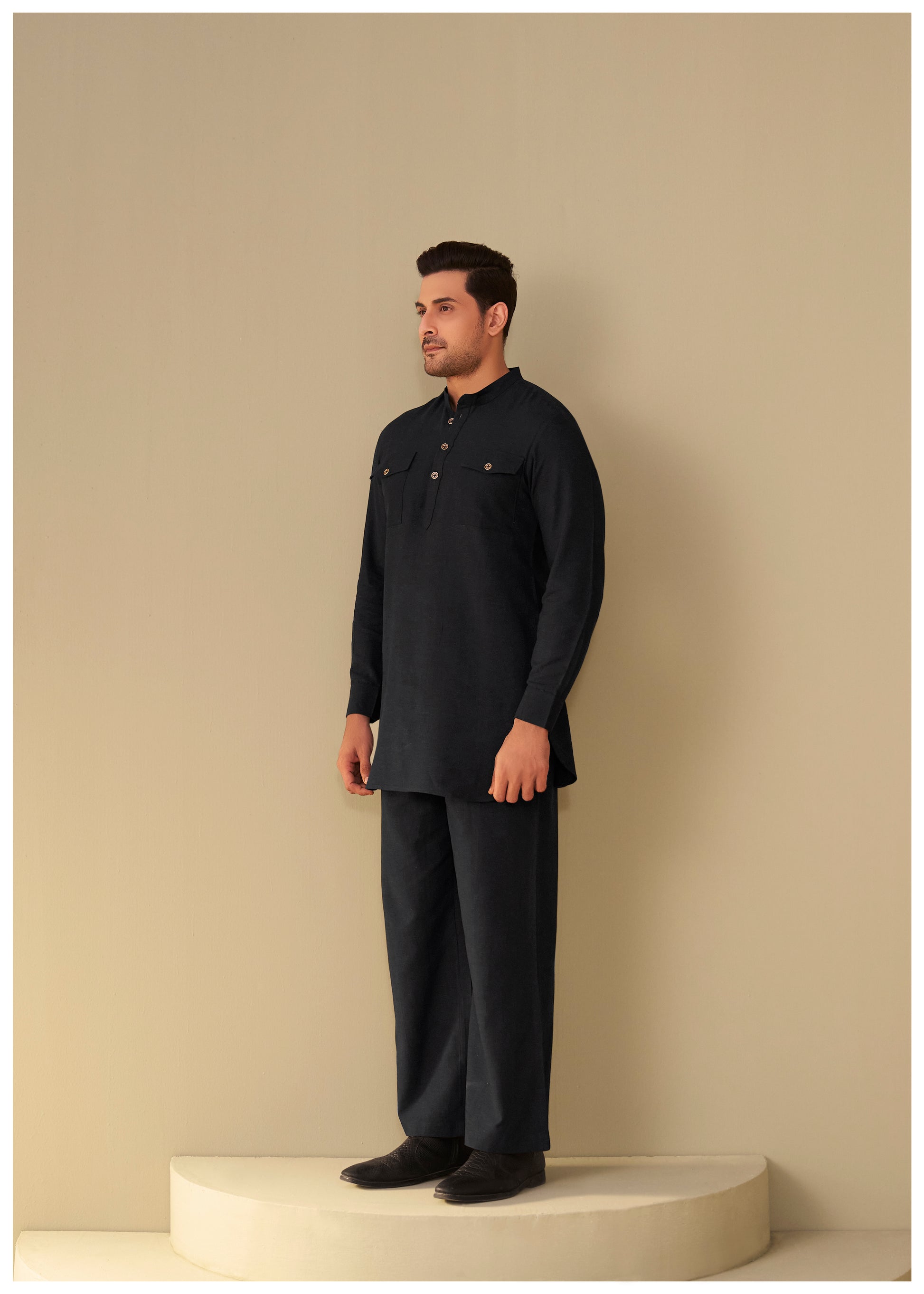 Black Linen Cotton Kurta Set for Men Front View – Ethnoir