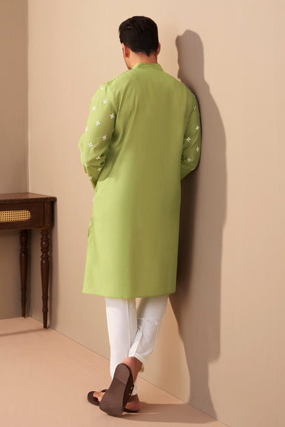 Mint Green Embroidered Kurta Men Back View – Mandarin Collar Ethnoir