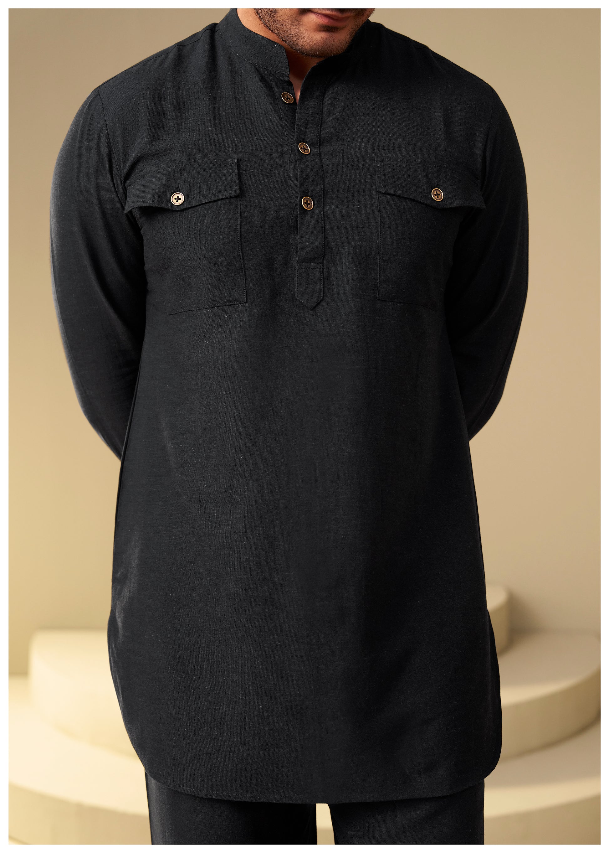 Jet Black Linen Co-Ord Set for Men Back View – Ethnoir India