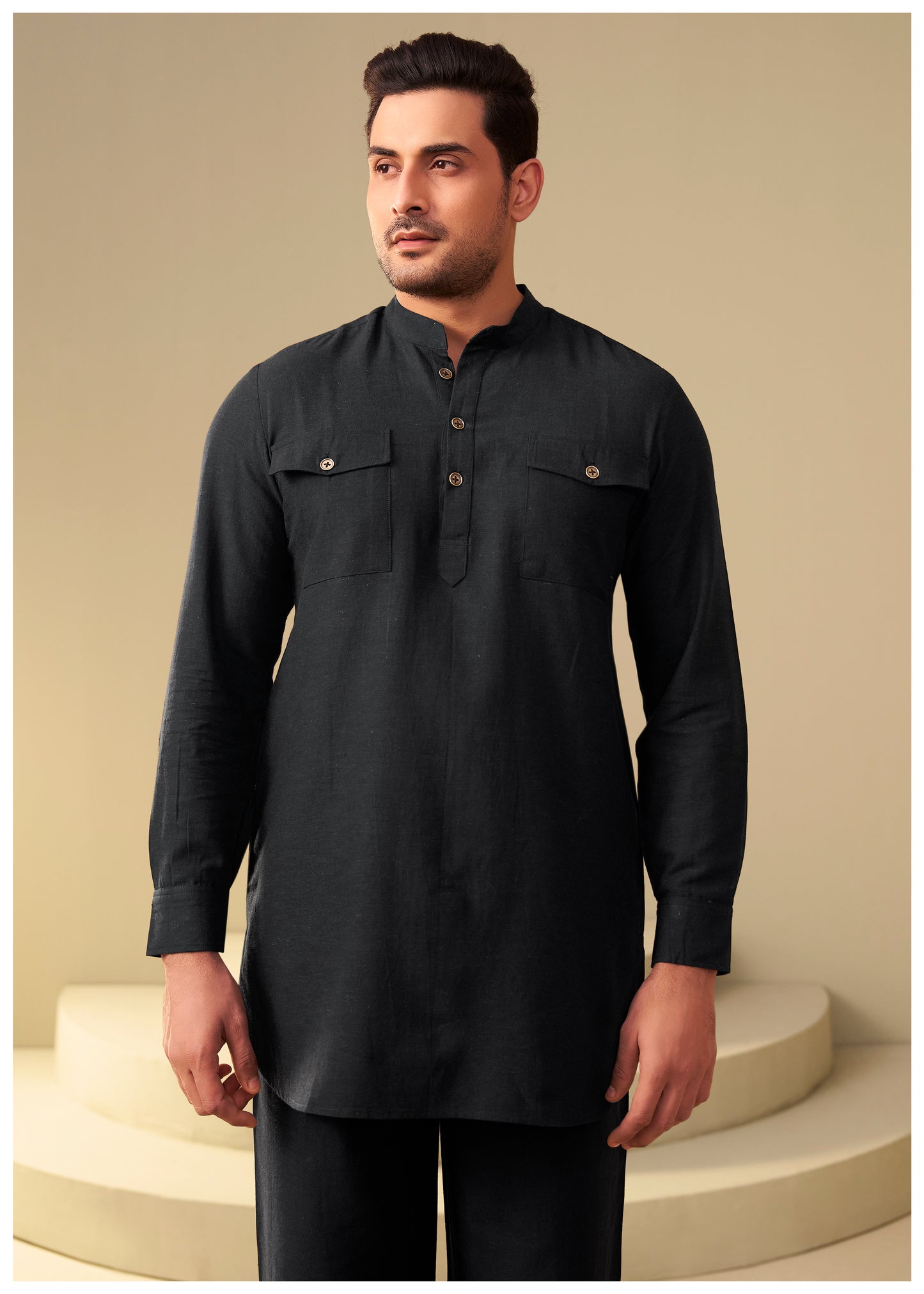 Jet Black Cotton Linen Kurta Set Men Side Profile – Ethnoir India