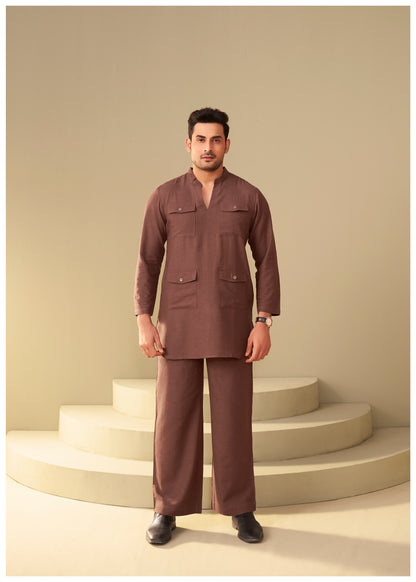 Brown 4-Pocket Linen Co-Ord Set for Men – Utility Fit Ethnoir