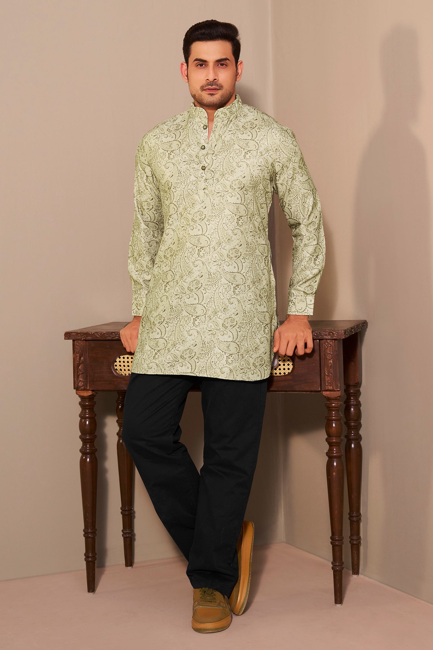 Light Green Paisley Print Short Kurta for Men – Mandarin Collar Ethnoir