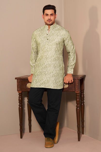 Light Green Paisley Print Short Kurta for Men – Mandarin Collar Ethnoir