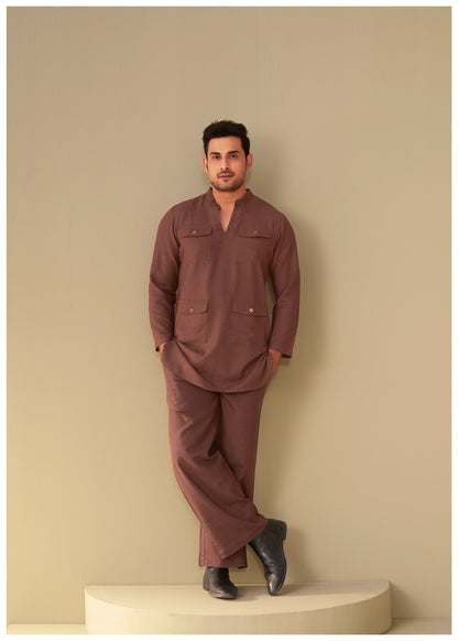 Brown Linen Kurta Set Men 4-Pocket Design – Ethnoir Premium Ethnic Wear