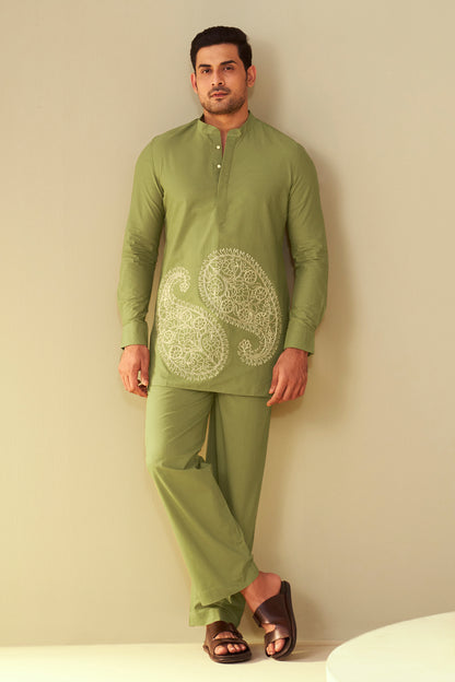 Olive Green Men's Paisley Embroidered Kurta Co-Ord Set