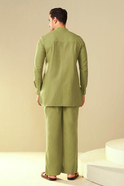 Olive Green Men's Paisley Embroidered Kurta Co-Ord Set