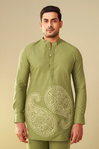 Olive Green Men's Paisley Embroidered Kurta Co-Ord Set