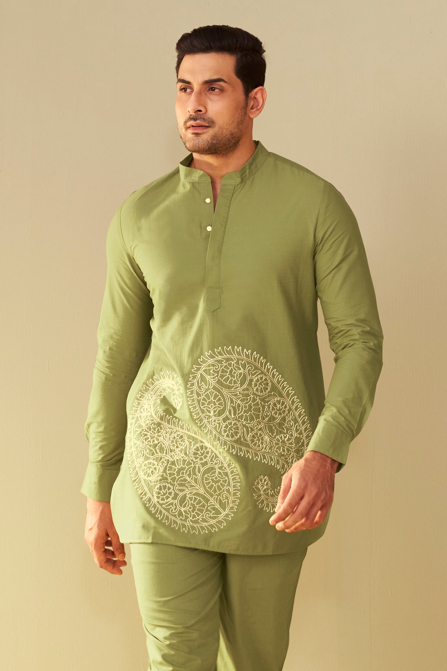 Olive Green Men's Paisley Embroidered Kurta Co-Ord Set