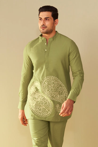 Olive Green Men's Paisley Embroidered Kurta Co-Ord Set