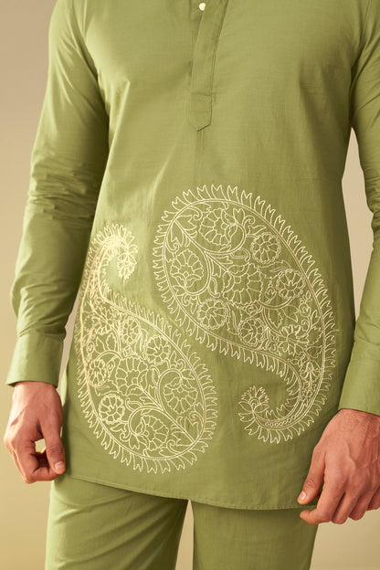 Olive Green Men's Paisley Embroidered Kurta Co-Ord Set