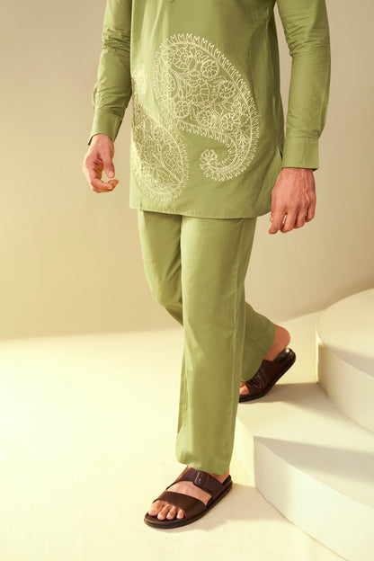 Olive Green Men's Paisley Embroidered Kurta Co-Ord Set