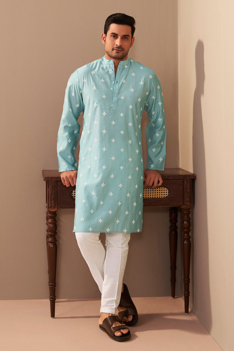 Sky Blue Silk Embroidered Mandarin Collar Kurta for Men – Ethnoir