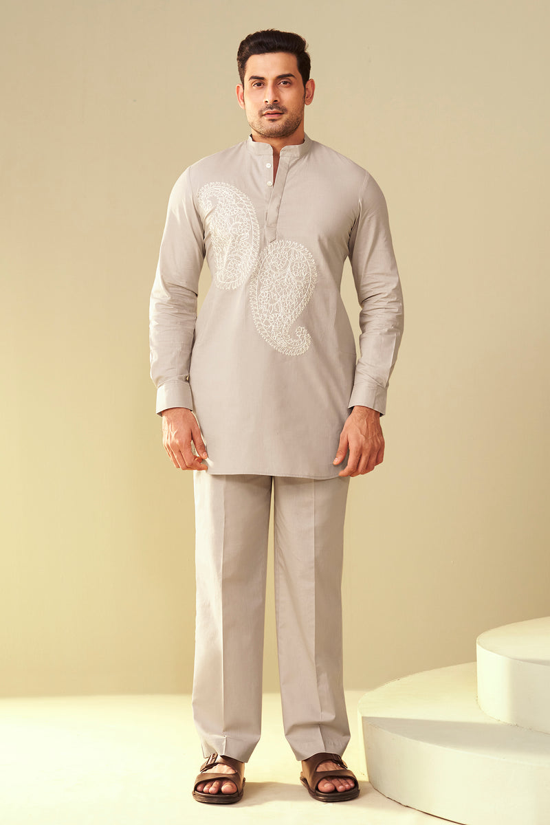 Beige Men's Paisley Embroidered Kurta Co-Ord Set