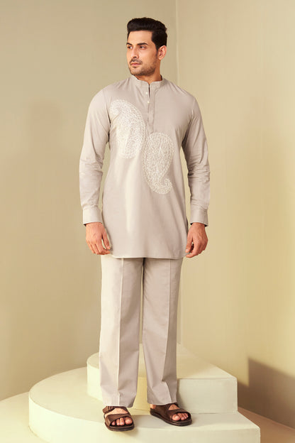 Beige Men's Paisley Embroidered Kurta Co-Ord Set