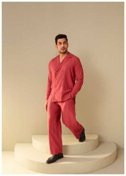 Rust Linen Double-Breasted Kurta Set Men – Premium Ethnic Wear India