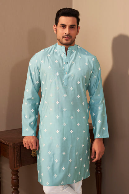 Sky Blue Silk Kurta for Men Back View – Roman Silk Embroidery Ethnoir
