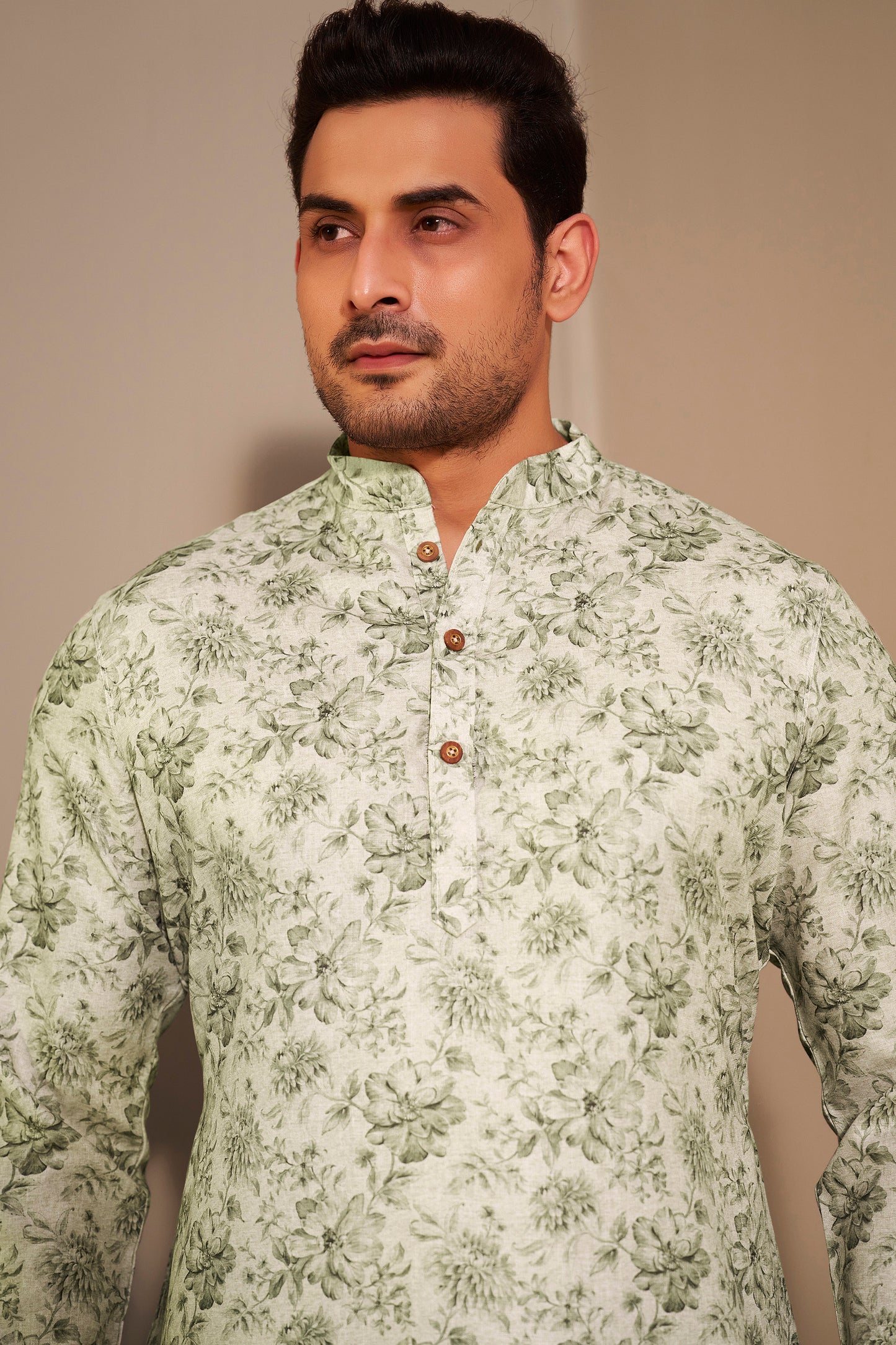 Olive Printed Kurta Men Side Profile – Casual Ethnic Wear Ethnoir