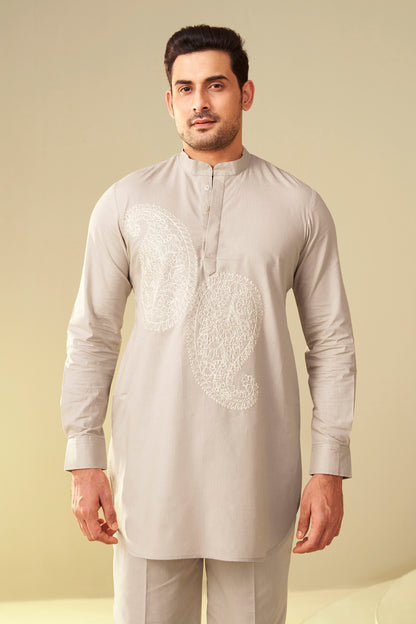 Beige Men's Paisley Embroidered Kurta Co-Ord Set