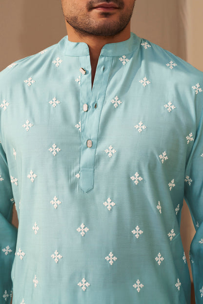 Sky Blue Embroidered Kurta Men Side Profile – Festive Wear Ethnoir India