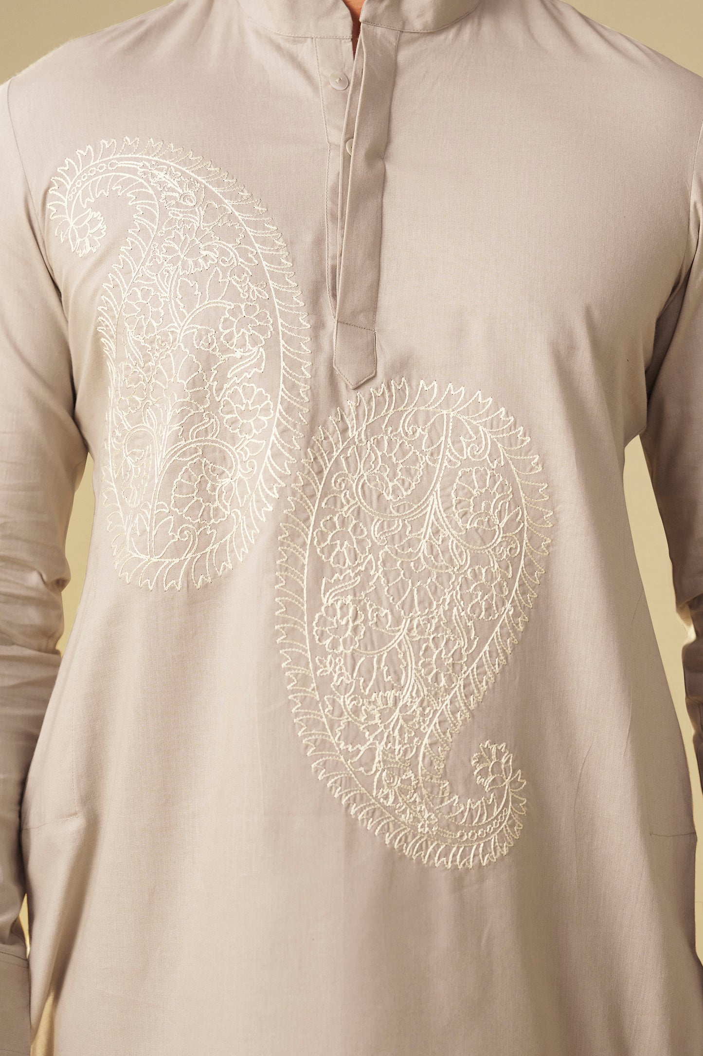 Beige Men's Paisley Embroidered Kurta Co-Ord Set