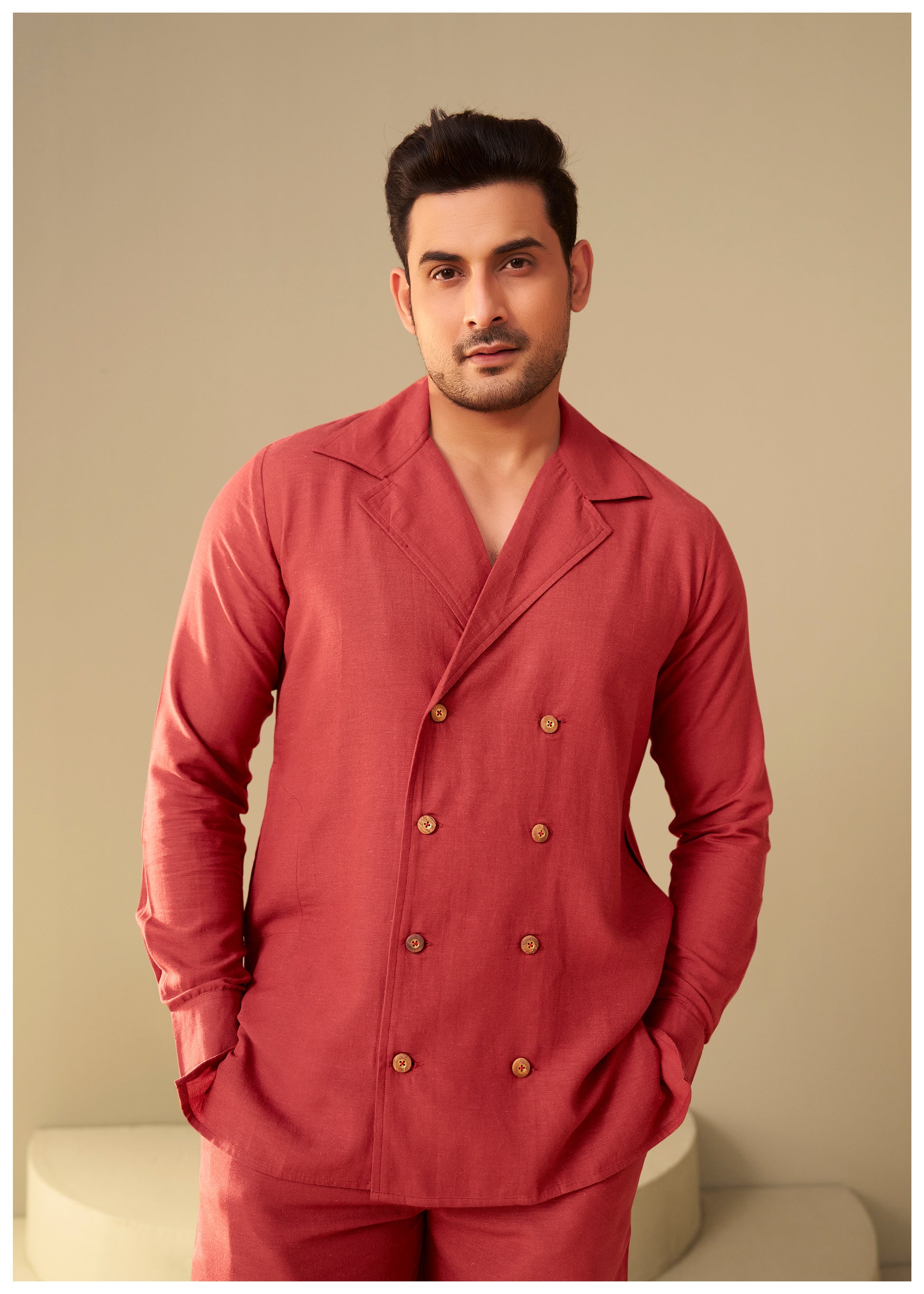 Rust Double-Breasted Co-Ord Set Men Full View – Premium Ethnoir India