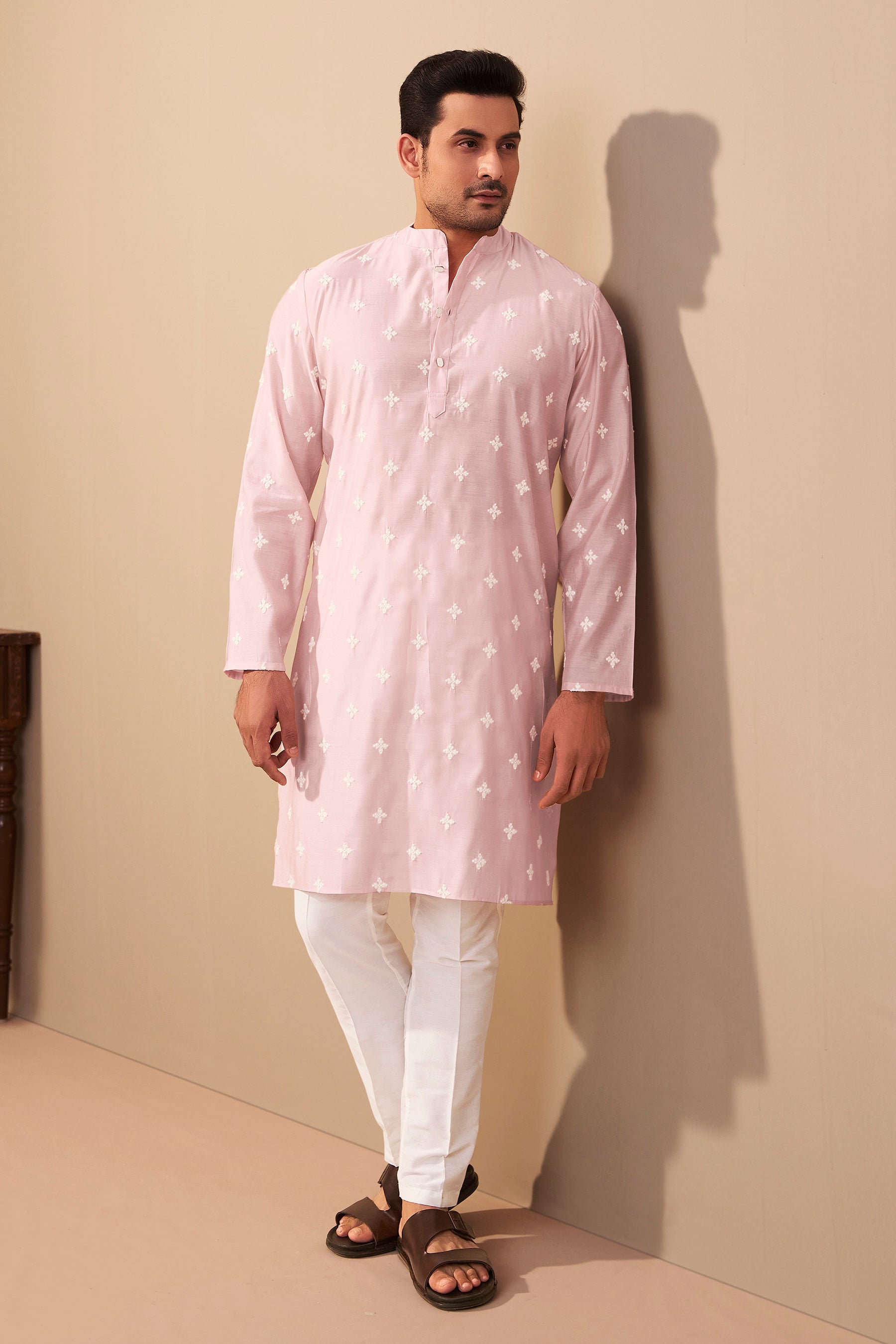 Light Pink Silk Embroidered Mandarin Collar Kurta for Men – Ethnoir