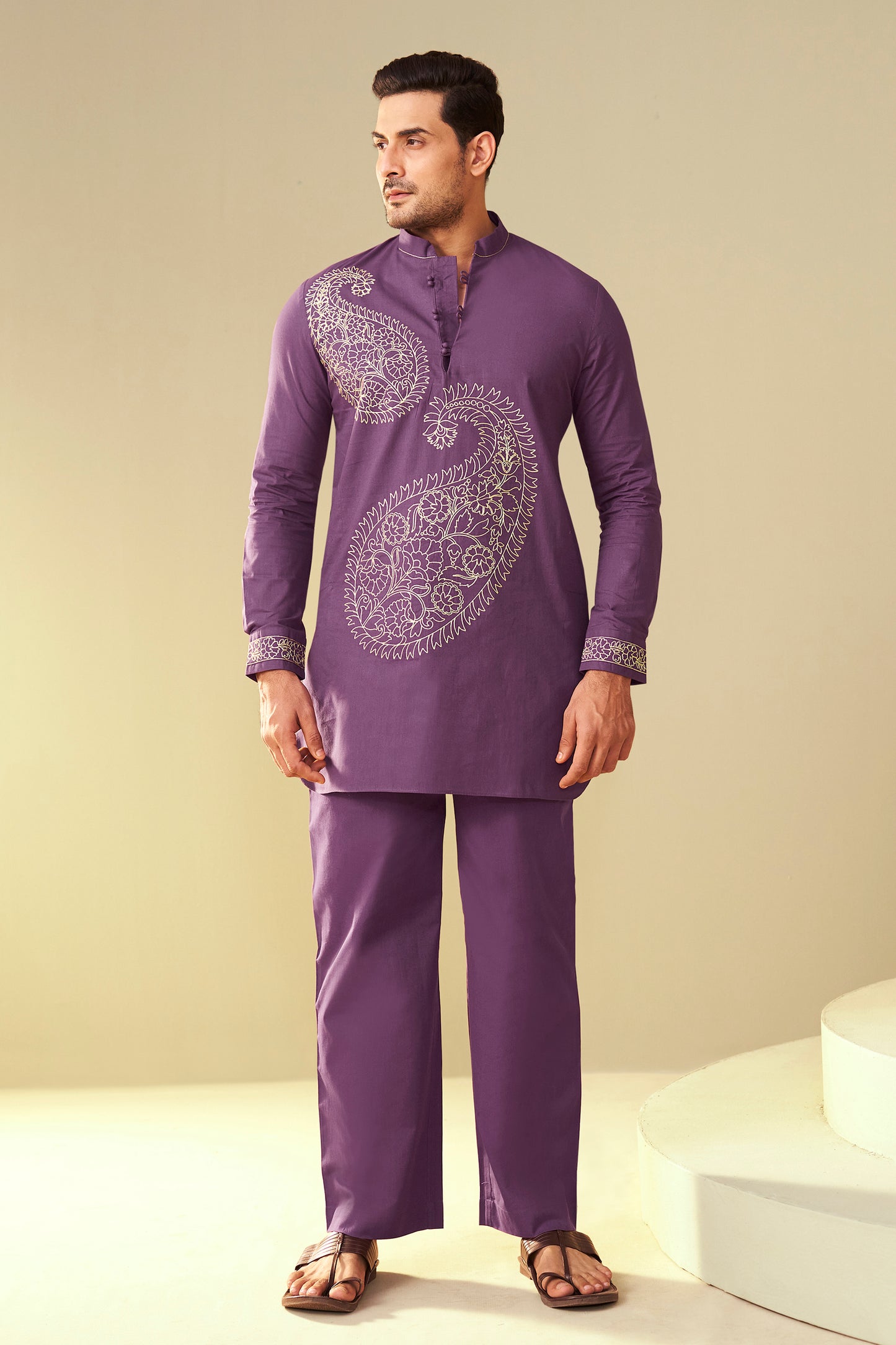 Purple Men's Paisley Embroidered  Kurta Co-Ord Set