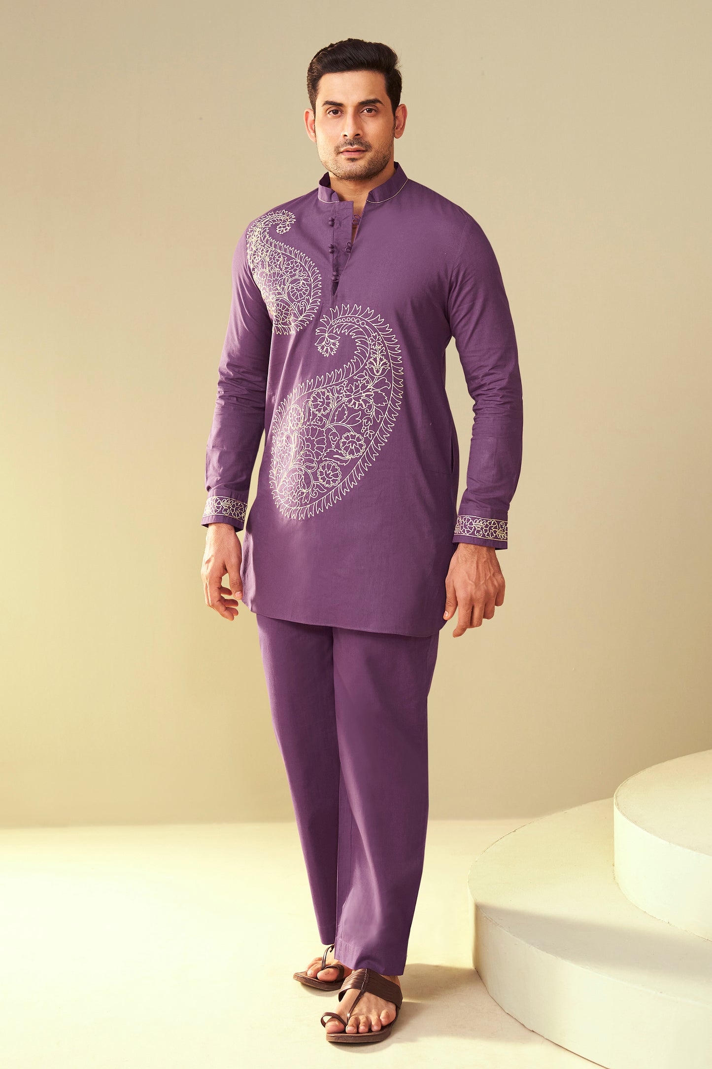 Purple Men's Paisley Embroidered  Kurta Co-Ord Set