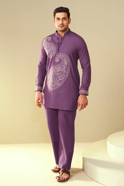 Purple Men's Paisley Embroidered  Kurta Co-Ord Set