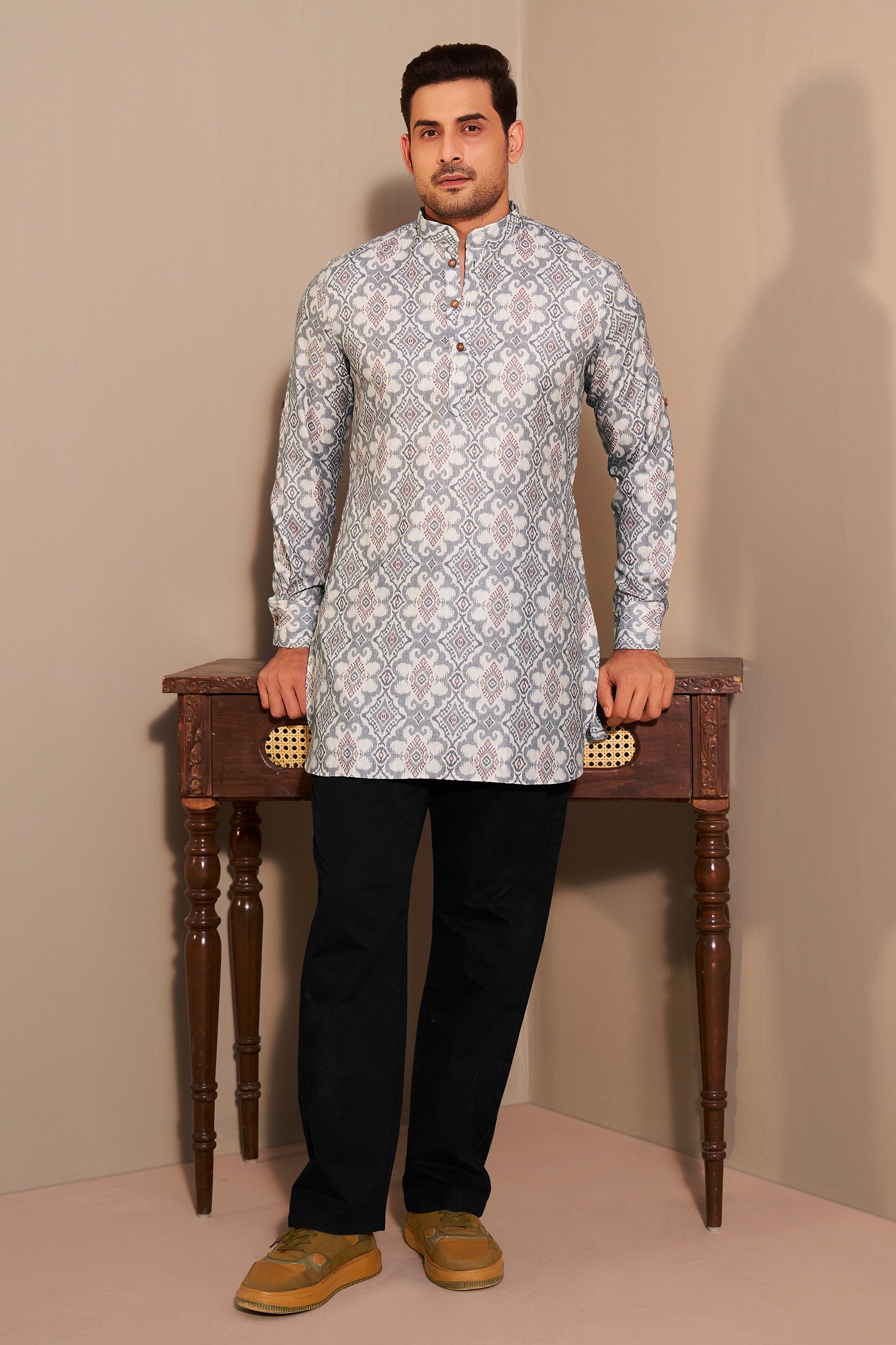Grey Printed Short Kurta Men Ethnic Wear – Premium Poly Linen Ethnoir India