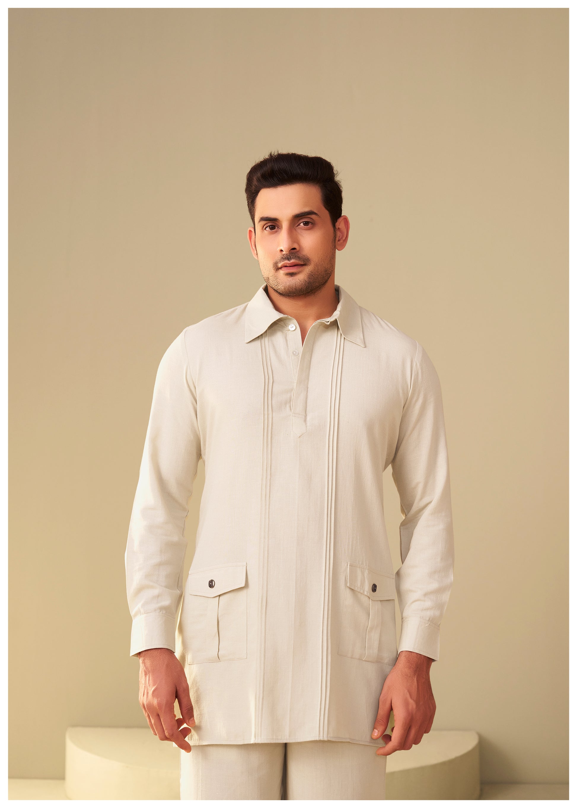 Sand Beige Linen Co-Ord Set for Men Full View – Ethnoir India