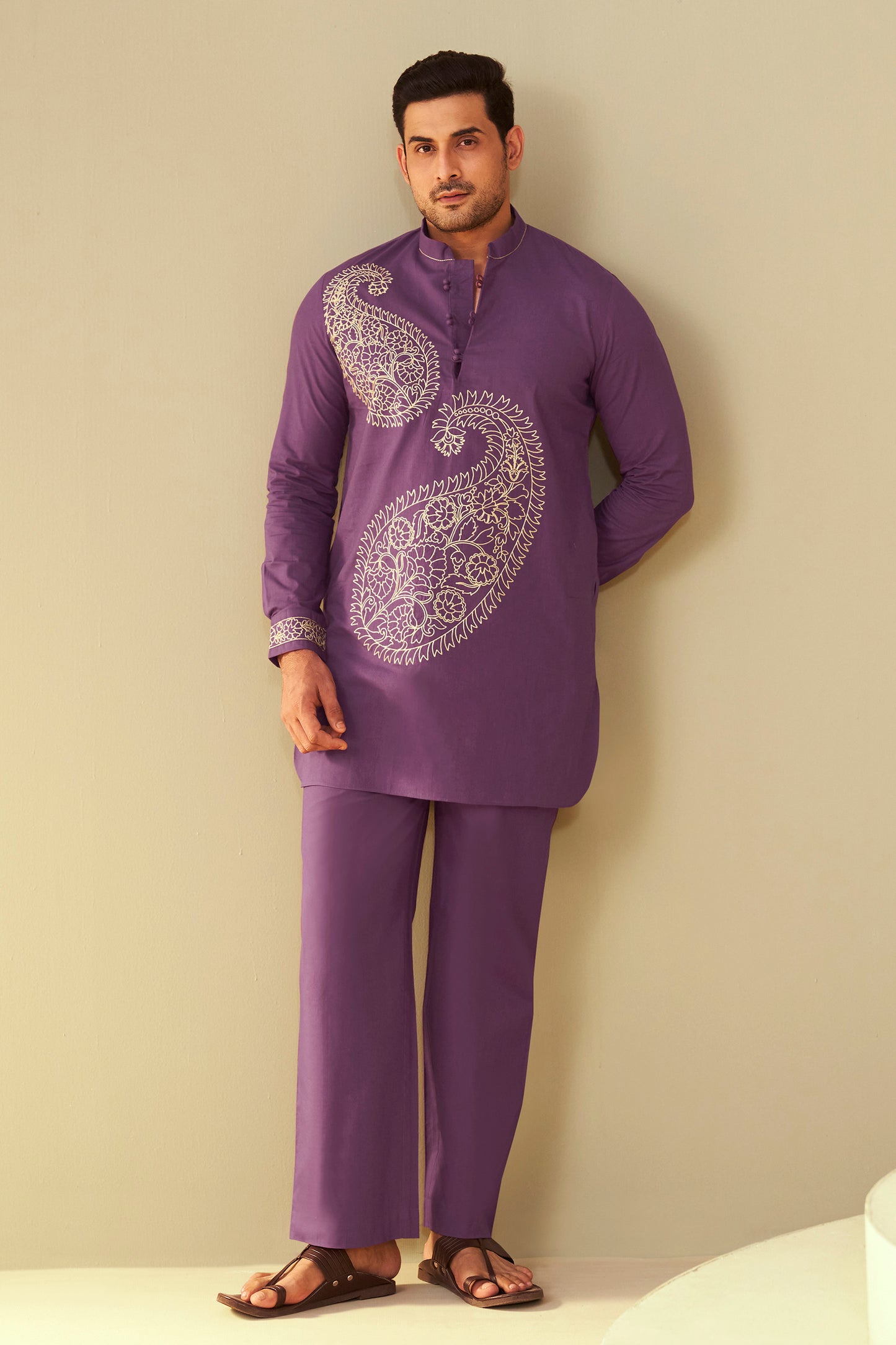 Purple Men's Paisley Embroidered  Kurta Co-Ord Set