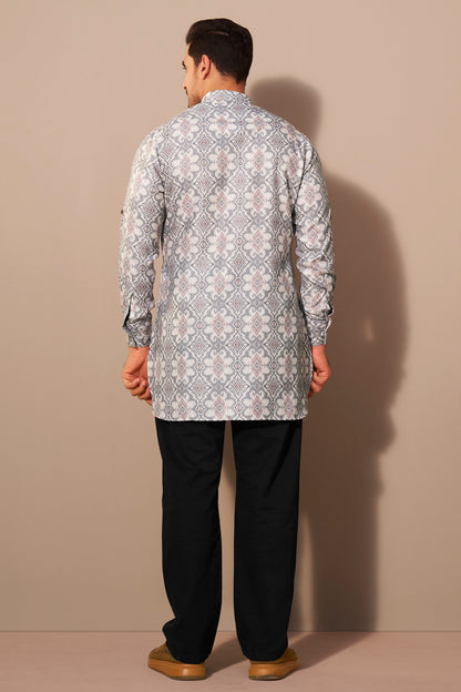 Ash Grey Classic Pattern Kurta Men Side View – Poly Linen Ethnoir India