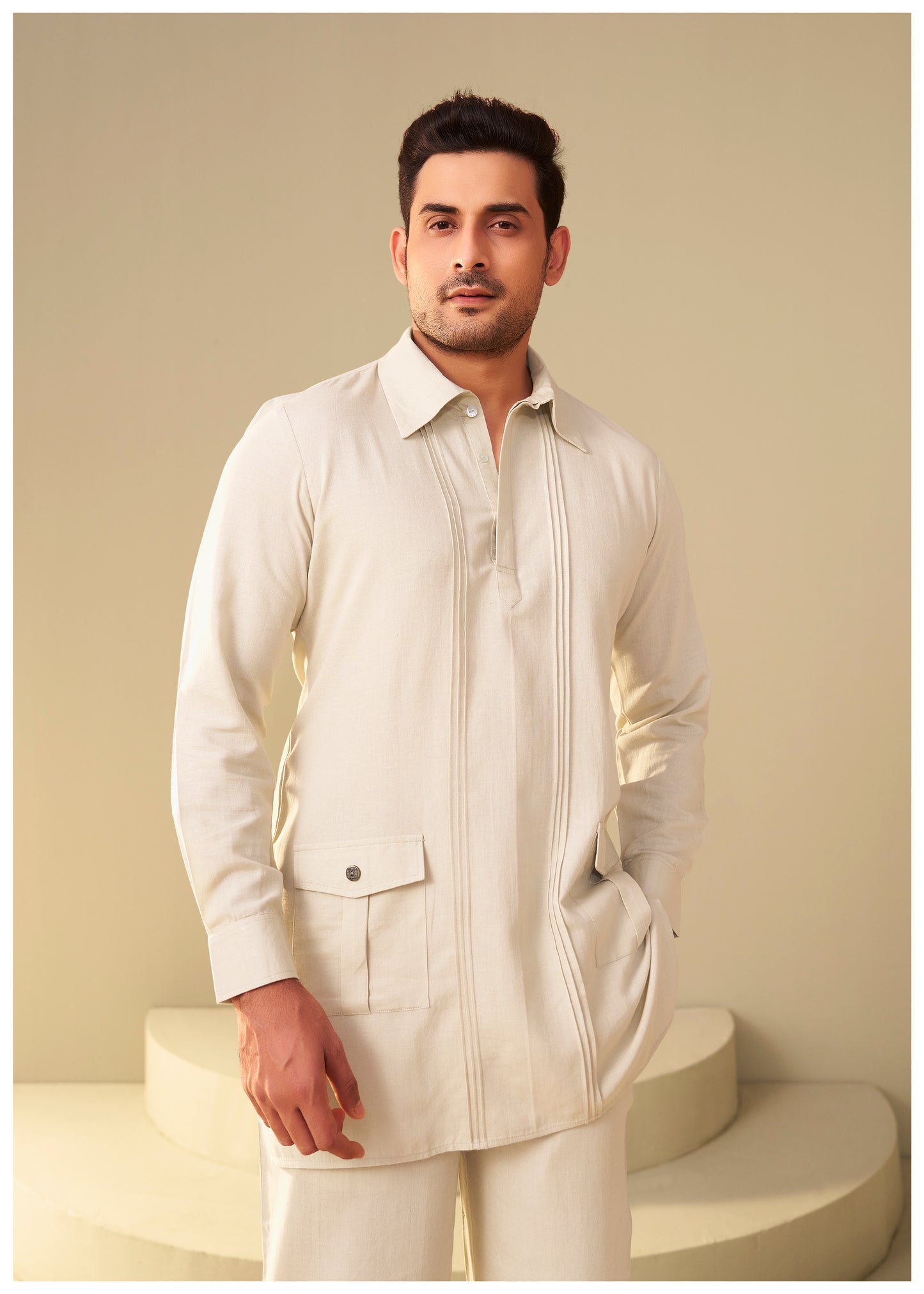 Sand Beige Cotton Linen Co-Ord Set Men Side View – Ethnoir India